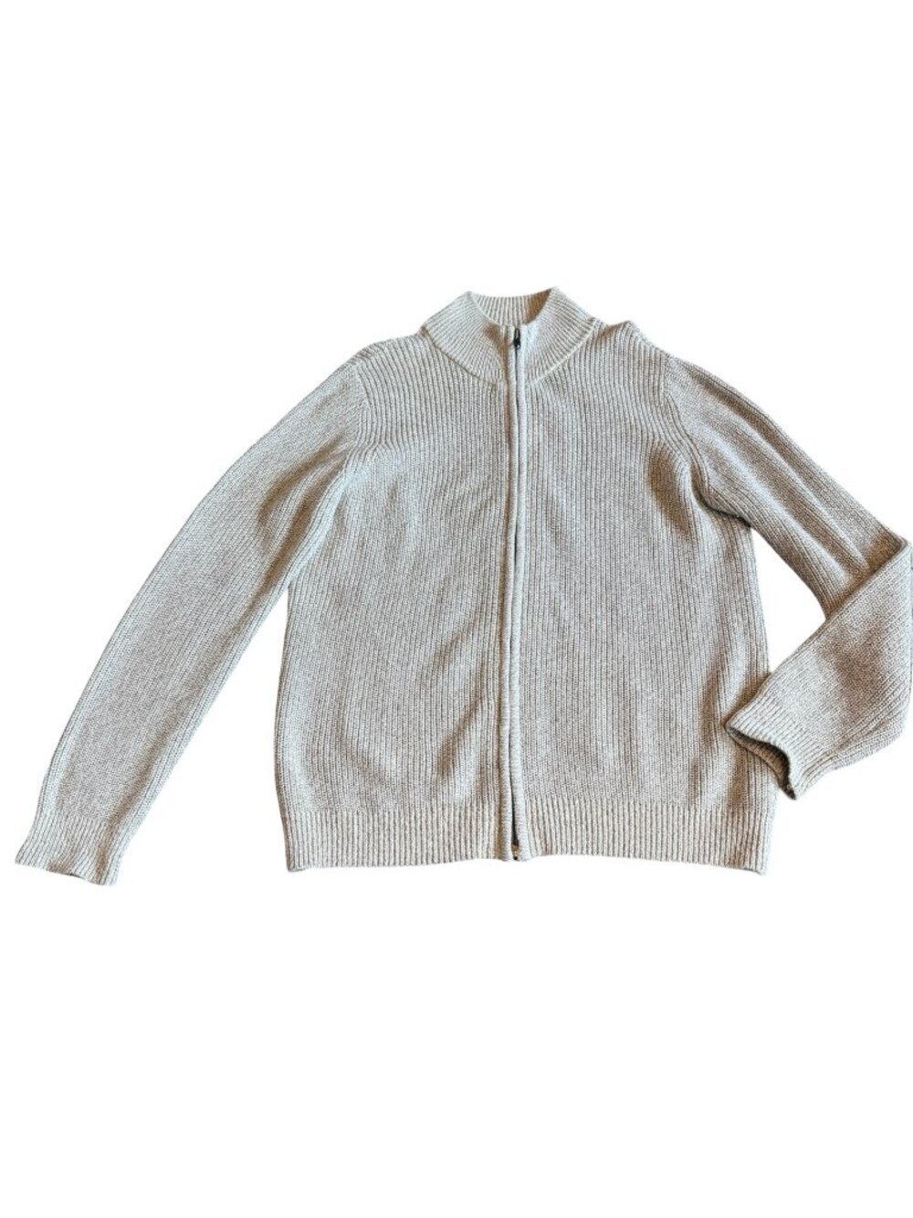 L.L. Bean Zip-Down Cardigan Sweater Ribbed Stretch Light Grey Size Large Women's